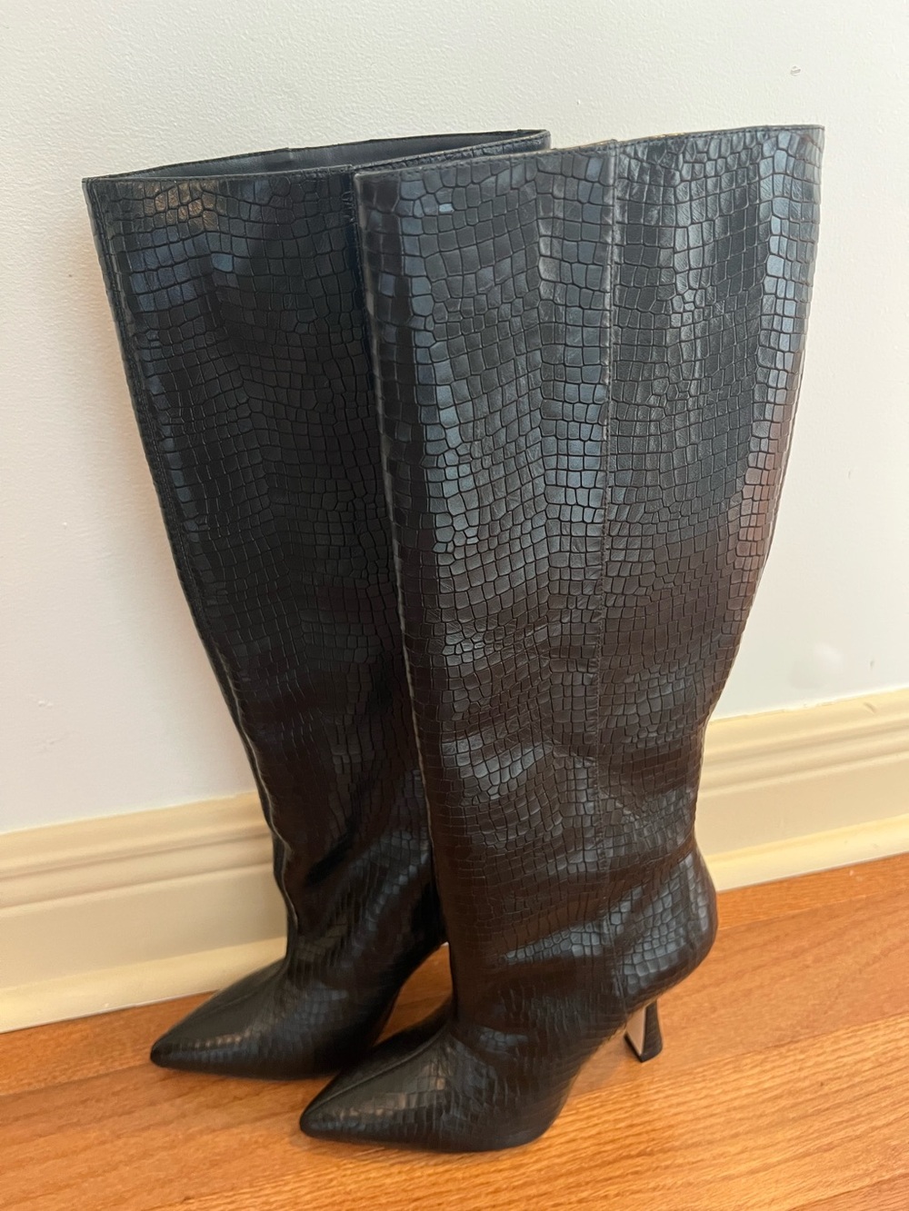 Stuart Weitzman Black Faux-Croc Knee High Pointed Toe Boot
